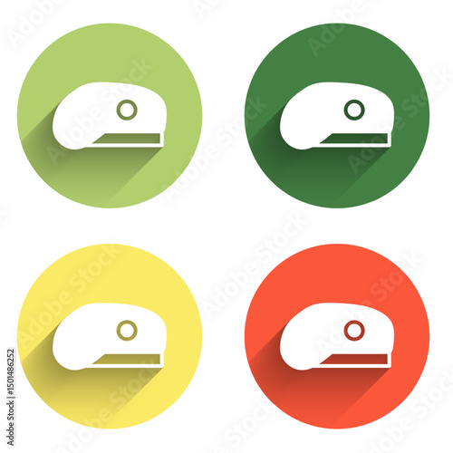 Set Military beret icon isolated with long shadow background. Soldiers cap. Army hat. War baret. Color circle button. Vector