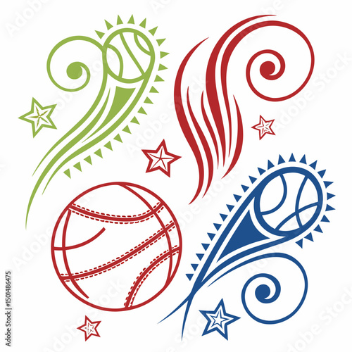 Abstract sports balls design with swirls and stars