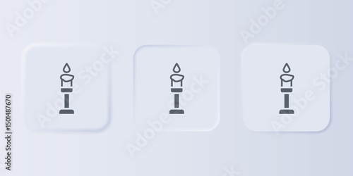 Grey Burning candle icon isolated on grey background. Cylindrical aromatic candle stick with burning flame. Happy Halloween party. Set icons in square buttons. Vector
