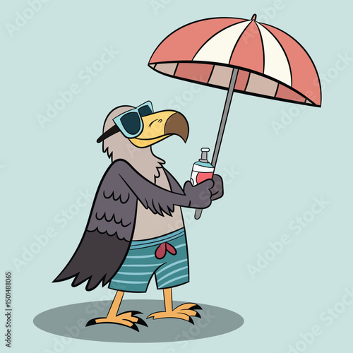 Vacation Vulture with Beach Umbrella and Sunscreen cartoon Vector Illustration