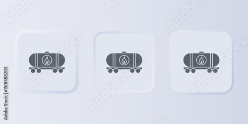 Grey Oil railway cistern icon isolated on grey background. Train oil tank on railway car. Rail freight. Oil industry. Set icons in square buttons. Vector