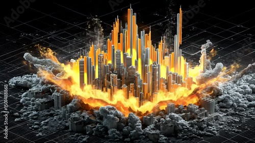 Digital City Collapse Concept DeFi collapse futuristic city, burning city in DeFi network failure, DeFi city destruction digital meltdown DeFi System Failure Visualization

