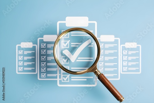 Auditing and Compliance Review Process – Magnifying Glass Focused on Checklist Document Representing Quality Assurance and Business Standards
