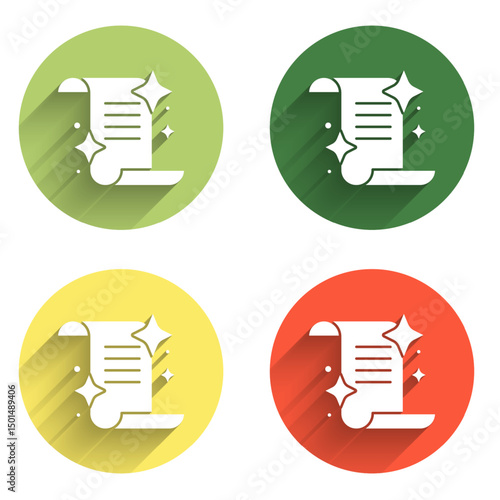 Set Ancient magic book with alchemy recipes and mystic spells and enchantments icon isolated with long shadow background. Color circle button. Vector