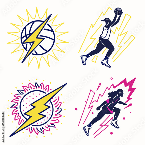 Energetic female basketball players with lightning bolts and suns
