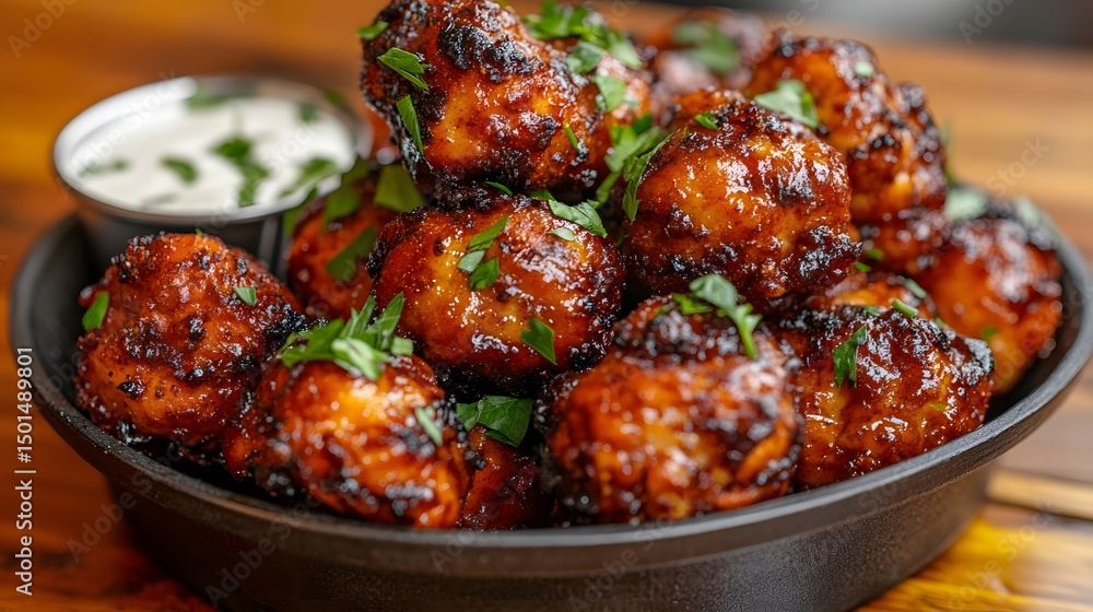 Close-up view of flavorful, crispy, and browned bite-sized food. Close-up view of flavorful, crispy, and browned bite-sized food.
