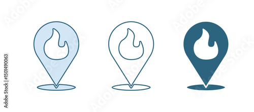 Blue Map pointer with fire flame icon isolated on white background. Fire nearby. Vector