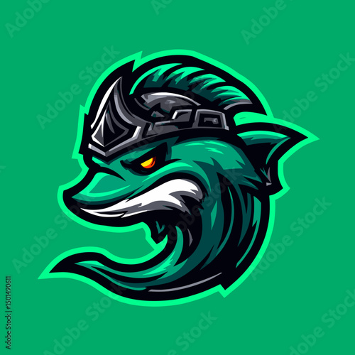 Stylized aquatic creature logo with a fierce expression and a crown on a vibrant green background