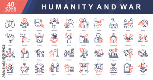 Humanity and War color outline icon set illustrating conflict, sacrifice, diplomacy, and survival. Ideal for history projects, documentaries, awareness campaigns, and geopolitical or military themes.
