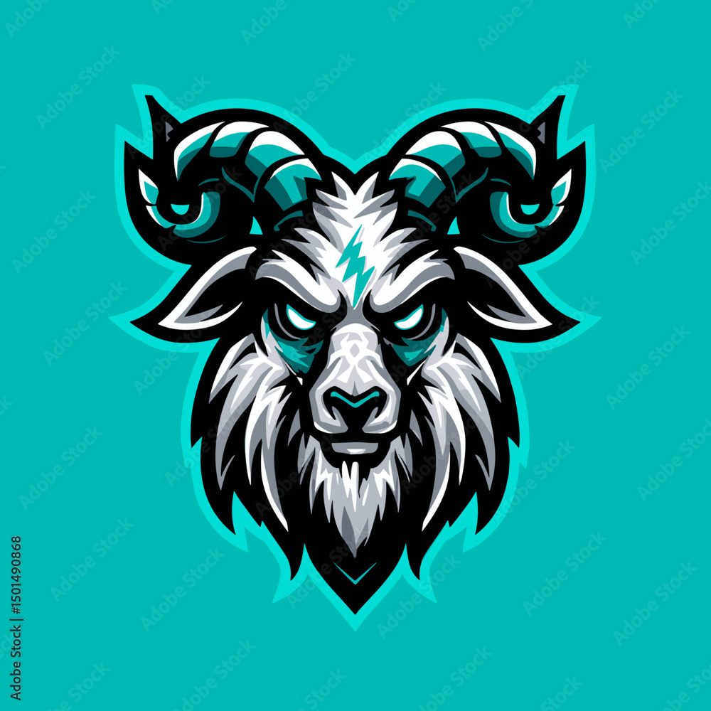 Fototapeta premium Detailed illustration of a fierce-looking goat with prominent horns set against a bright teal background