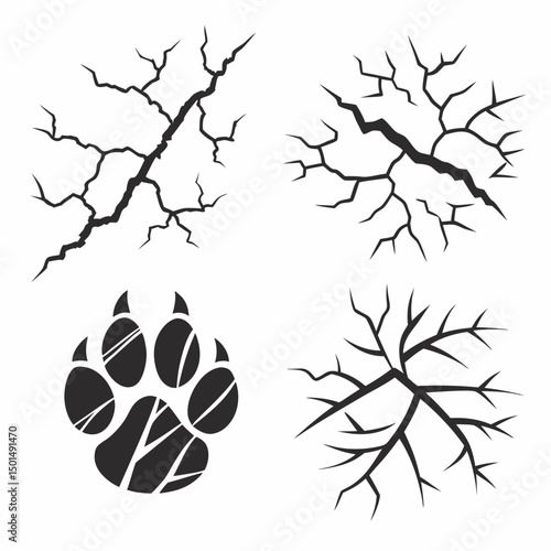 Cracked earth ground texture paw print set vector illustration