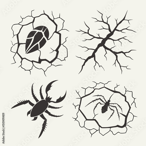 Cracked earth insects arachnids bugs creepy crawlies silhouette illustration