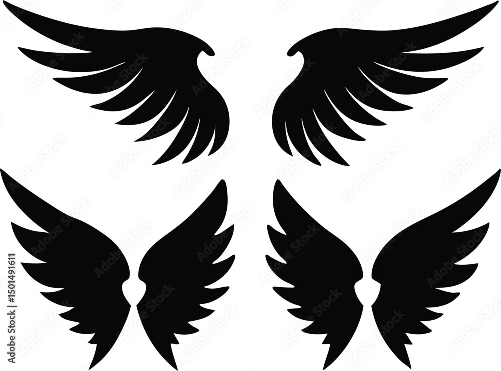 Fototapeta premium Flat design angel wings silhouette set vector design, New angel wings silhouette vector design illustration