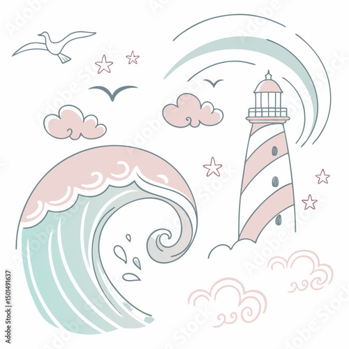 Pastel lighthouse ocean wave seagull clouds stars coastal illustration