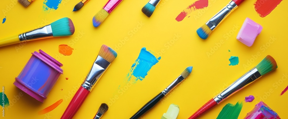 A vibrant layout features a variety of colorful paint tubes and brushes scattered on a yellow background. This artistic display highlights tools and materials commonly used in painting A vibrant layout features a variety of colorful paint tubes and brushes scattered on a yellow background. This artistic display highlights tools and materials commonly used in painting