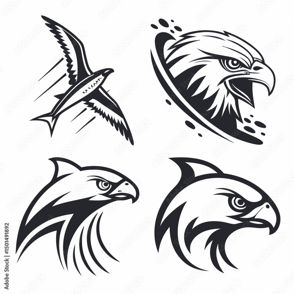 Fototapeta premium Professional eagle and hawk vector graphics set, isolated cutouts, transparent background