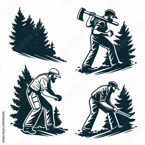 Lumberjack workers chopping wood in forest silhouette illustration