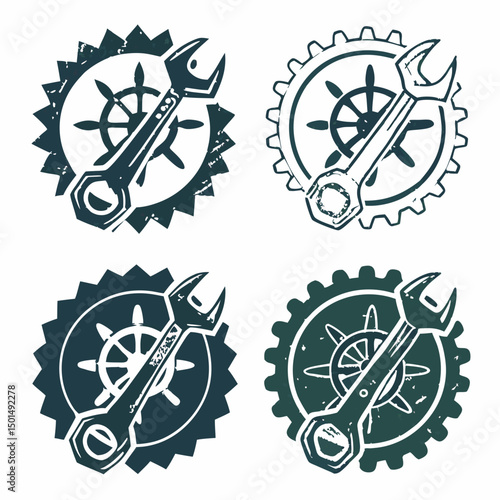 Wrench and ship wheel gear logo design set nautical mechanic