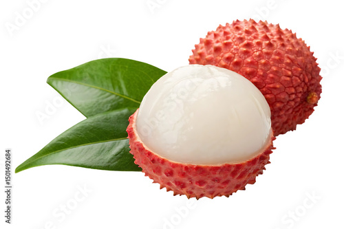 Fresh Lychee Fruit with Leaves isolated on white background. Exotic Tropical Delight for Culinary & Wellness Use . Fresh fruit illustration on white