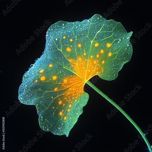 Water drops on a nasturtium leaf.; Wellesley, Massachusetts.  high resolution   for isolate image