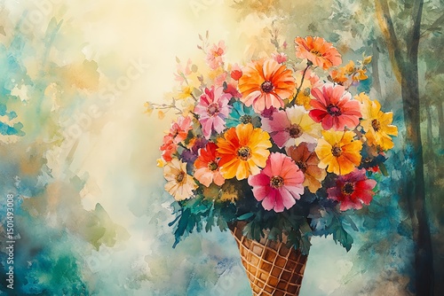 watercolor artwork of a bouquet of flowers in an ice cream cone