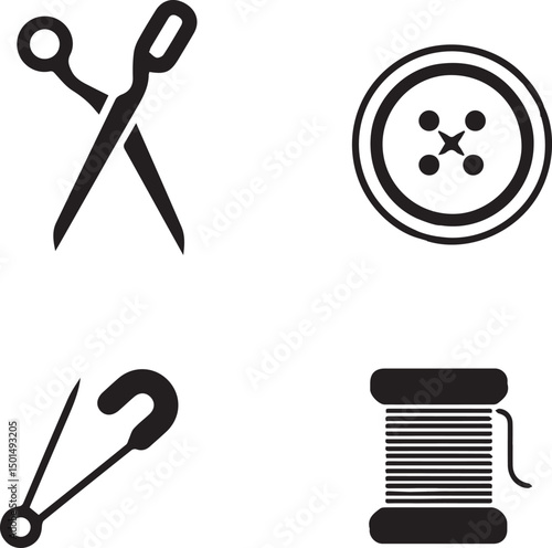 Sewing Essentials: An artistic and meticulous monochrome image showcases sewing essentials – scissors, a button, a safety pin.