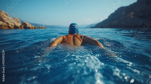 A swimmer explores the stunning azure waters of a calm bay during sunrise, surrounded by rugged cliffs and tranquility