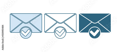 Blue Envelope and check mark icon isolated on white background. Successful e-mail delivery, email delivery confirmation. Vector