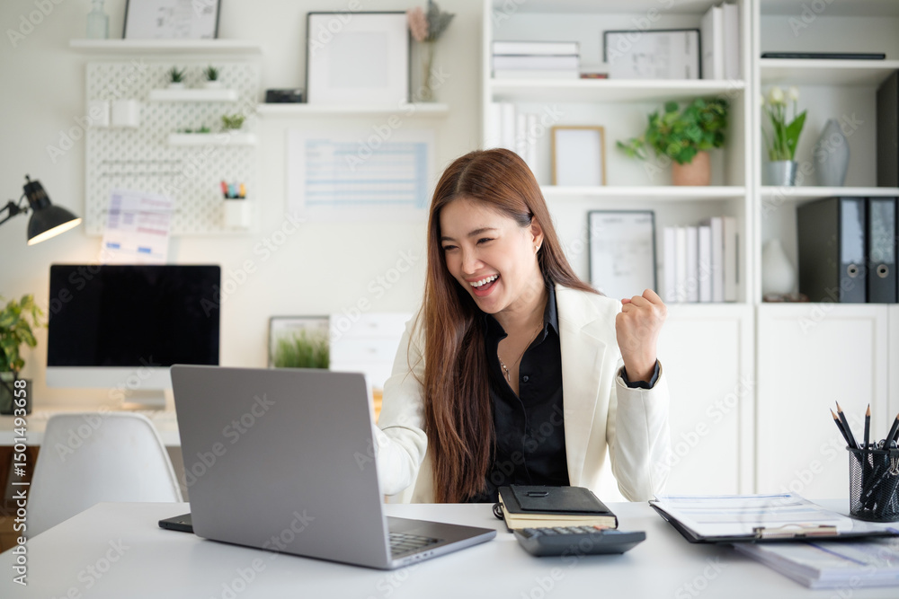 Smiling woman raising her fist in triumph while looking at her laptop, symbolizing achievement, good news, or professional victory. Smiling woman raising her fist in triumph while looking at her laptop, symbolizing achievement, good news, or professional victory.