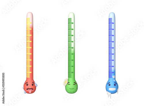 Set of weather thermometers isolated on white background. Set of thermometers with cold, hot and warm temperature indicators. Forecast, climate and meteorology icon. 3d rendering