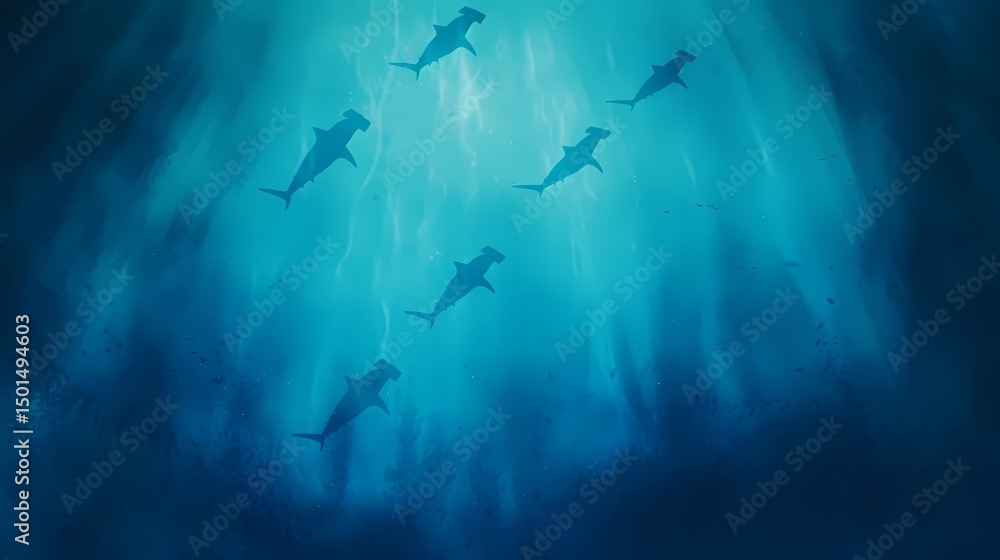 Obraz premium Hammerhead sharks swimming in deep ocean