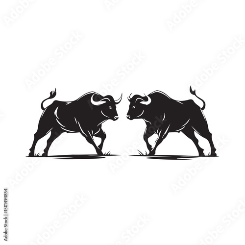 Vector silhouette illustration of a bullfight, capturing the intense confrontation between two powerful bulls isolated on white background.