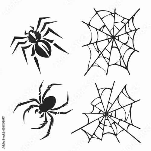 Halloween spider webs and spiders black silhouettes clipart