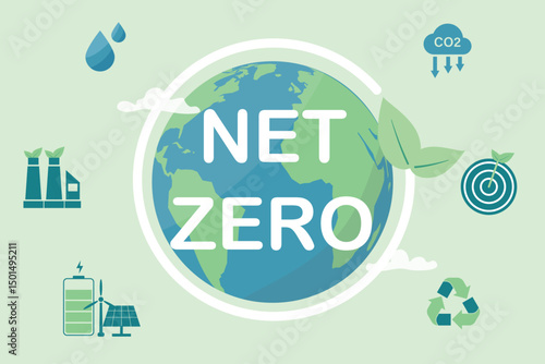 Net zero and carbon neutral concept. Globe with environmental icon for zero greenhouse gas emissions target Climate change long term strategy vector flat illustration.