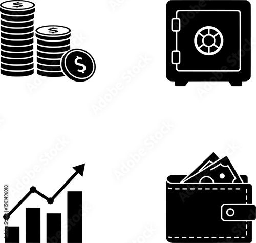 Finance and Investment Set of Icons: Money, Safe, Growth, Wallet
