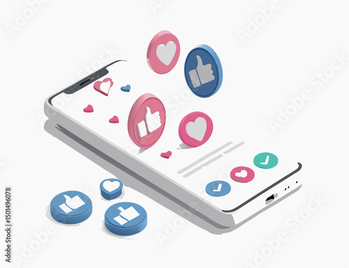Digital smartphone displaying social media engagement icons in vibrant colors.