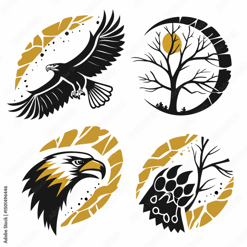 Obraz premium Eagle bear tree sun moon nature wildlife symbols gold black design