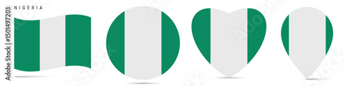 Free Download Nigeria waving flag, circle badge, heart shaped, map pin. Flat vector illustration isolated - GFXLoad