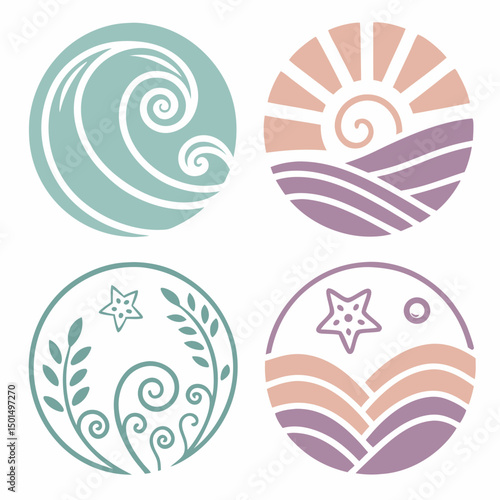 Elegant pastel ocean wave sun starfish design elements set
