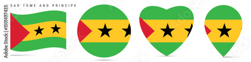 Sao Tome and Principe waving flag, circle badge, heart shaped, map pin. Flat vector illustration isolated