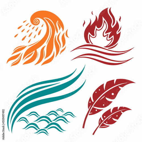 Stylized elements representing the four classical elements water fire air earth