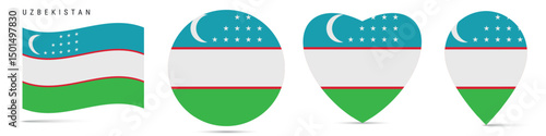 Free Download Uzbekistan waving flag, circle badge, heart shaped, map pin. Flat vector illustration isolated - GFXLoad