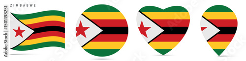 Zimbabwe waving flag, circle badge, heart shaped, map pin. Flat vector illustration isolated Free Download Zimbabwe waving flag, circle badge, heart shaped, map pin. Flat vector illustration isolated - GFXLoad