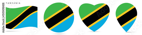 Free Download Tanzania waving flag, circle badge, heart shaped, map pin. Flat vector illustration isolated - GFXLoad