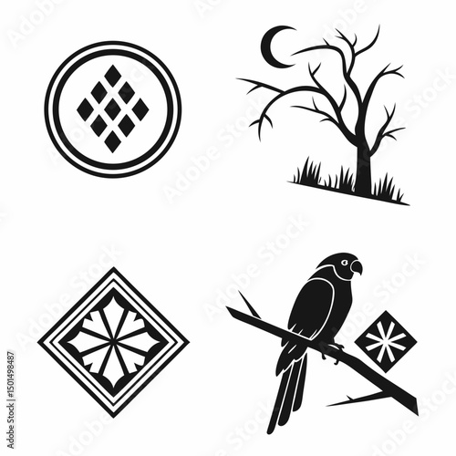 Abstract black and white geometric designs parrot tree moon