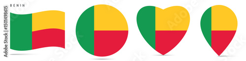 Benin waving flag, circle badge, heart shaped, map pin. Flat vector illustration isolated Free Download Benin waving flag, circle badge, heart shaped, map pin. Flat vector illustration isolated - GFXLoad