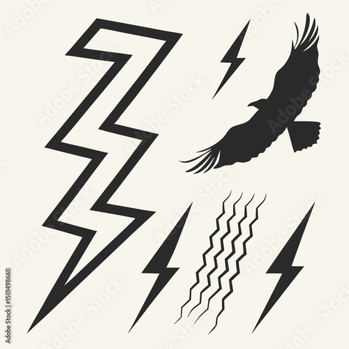 Bold black lightning bolts eagle silhouette graphic design elements