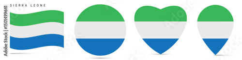 Sierra Leone waving flag, circle badge, heart shaped, map pin. Flat vector illustration isolated Free Download Sierra Leone waving flag, circle badge, heart shaped, map pin. Flat vector illustration isolated - GFXLoad