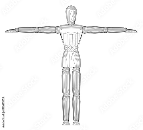 A man is standing in a white background with his arms outstretched. The image is a silhouette of a man, with his arms and legs spread out. The man is in a pose, possibly for a photograph or a drawing