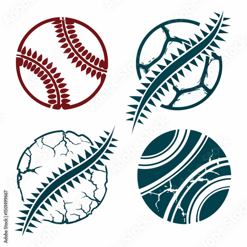 Professional sports ball icons with fern design elements on transparent background